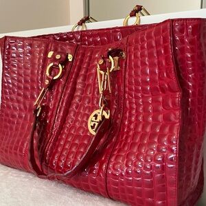 Tory Burch Elegant Red Crocodile-Embossed Tote Bag